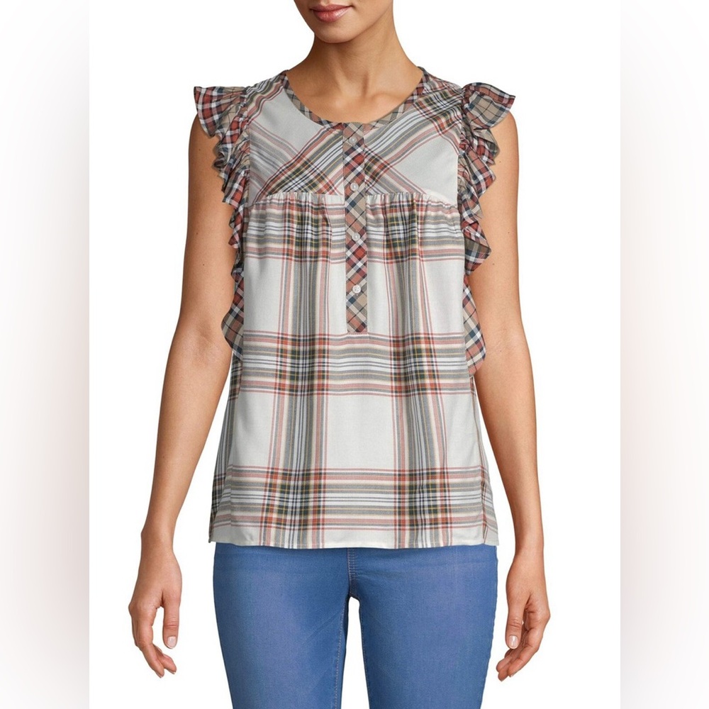 Time and True White Multi Plaid Fall Ruffled Sleeveless Blouse Shirt Top Large‎